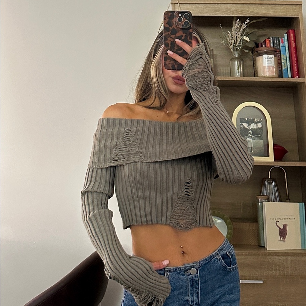 Long sleeve distressed off the shoulder sweater